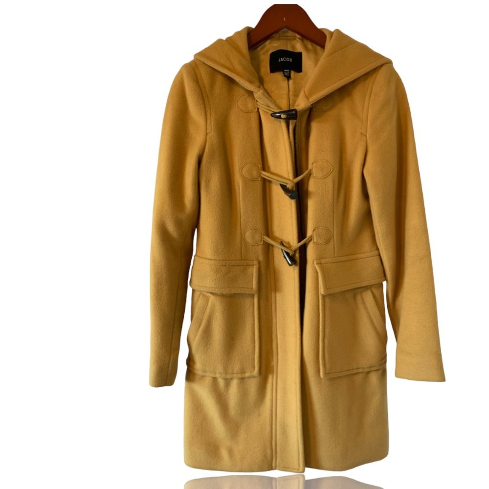 Women's Wool Coat with Hood  in Mustard Color.